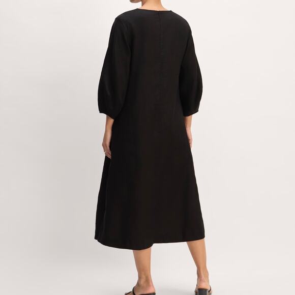 Everlane Women's The Linen A-Line Midi Dress Size 10 Black Puff Sleeve - Picture 8 of 16